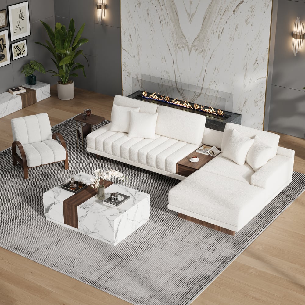 Vewal 126-inch L-Shaped Boucle Modular Sectional Sofa with Chaise & Ottoman window image