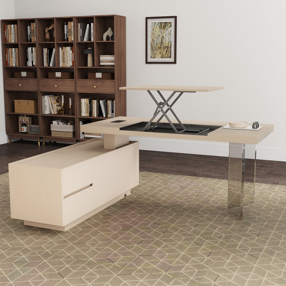 Modern 72" L-Shape Whitewash Standing Executive Desk with Lifter Desktop Left Hand window image