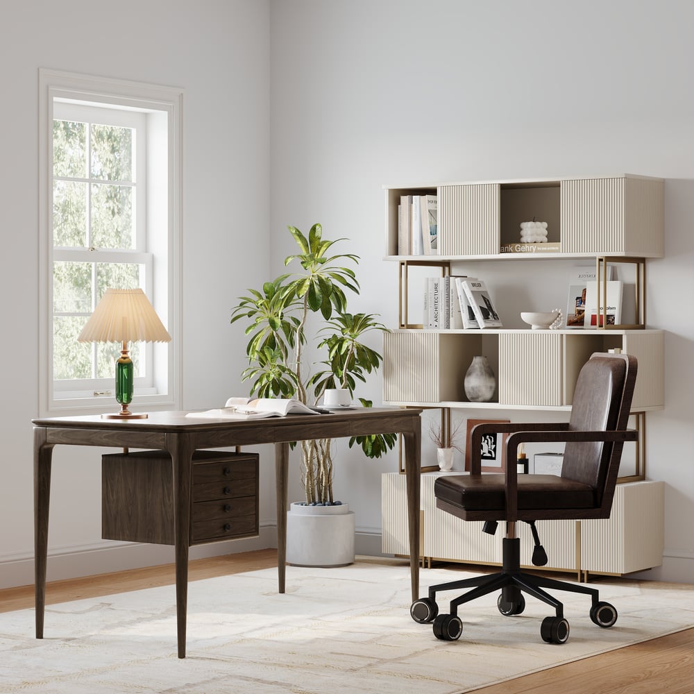 Tanic bureau 140 cm van essenhout, rookbruin, met 3 laden Vensterafbeelding