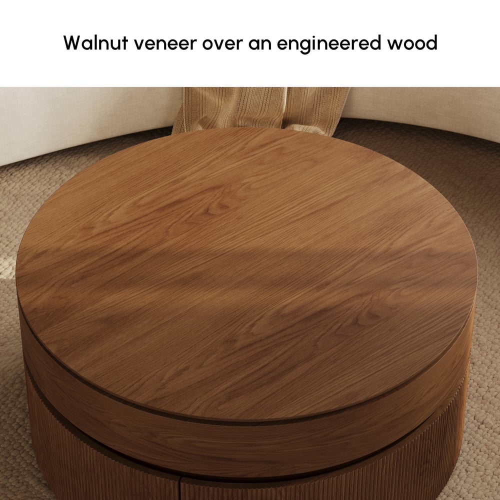 Table basse ronde en noyer à plateau relevable cannelé de 32 pouces avec 2 tiroirs image de fenêtre
