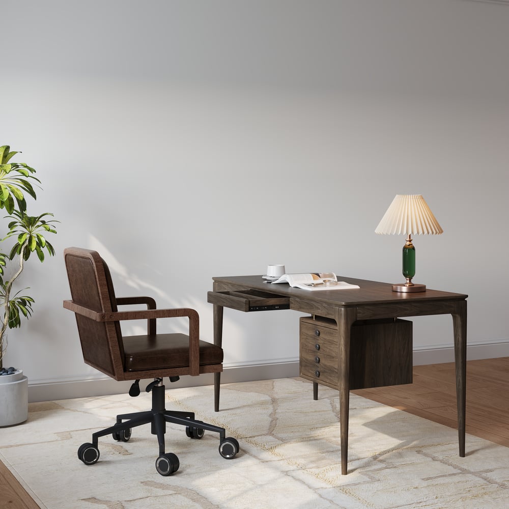 Tanic bureau 140 cm van essenhout, rookbruin, met 3 laden Vensterafbeelding