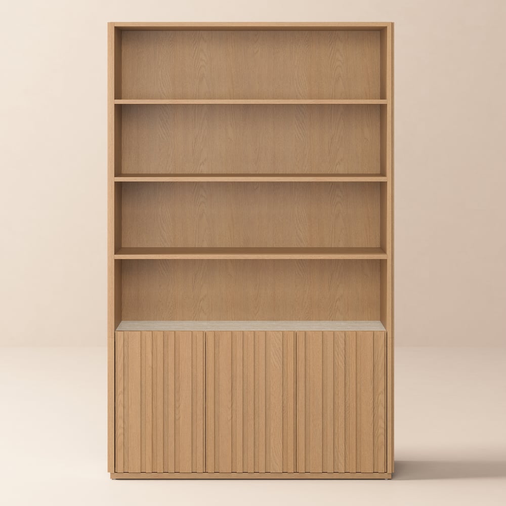 Aura 120cm Boekenkast van Essenhout met Gegroefde Details en Blad van Sintersteen Vensterafbeelding