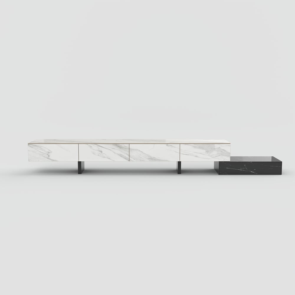Meuble TV extensible de 87"-106" avec plateau en pierre frittée et 5 tiroirs image de fenêtre