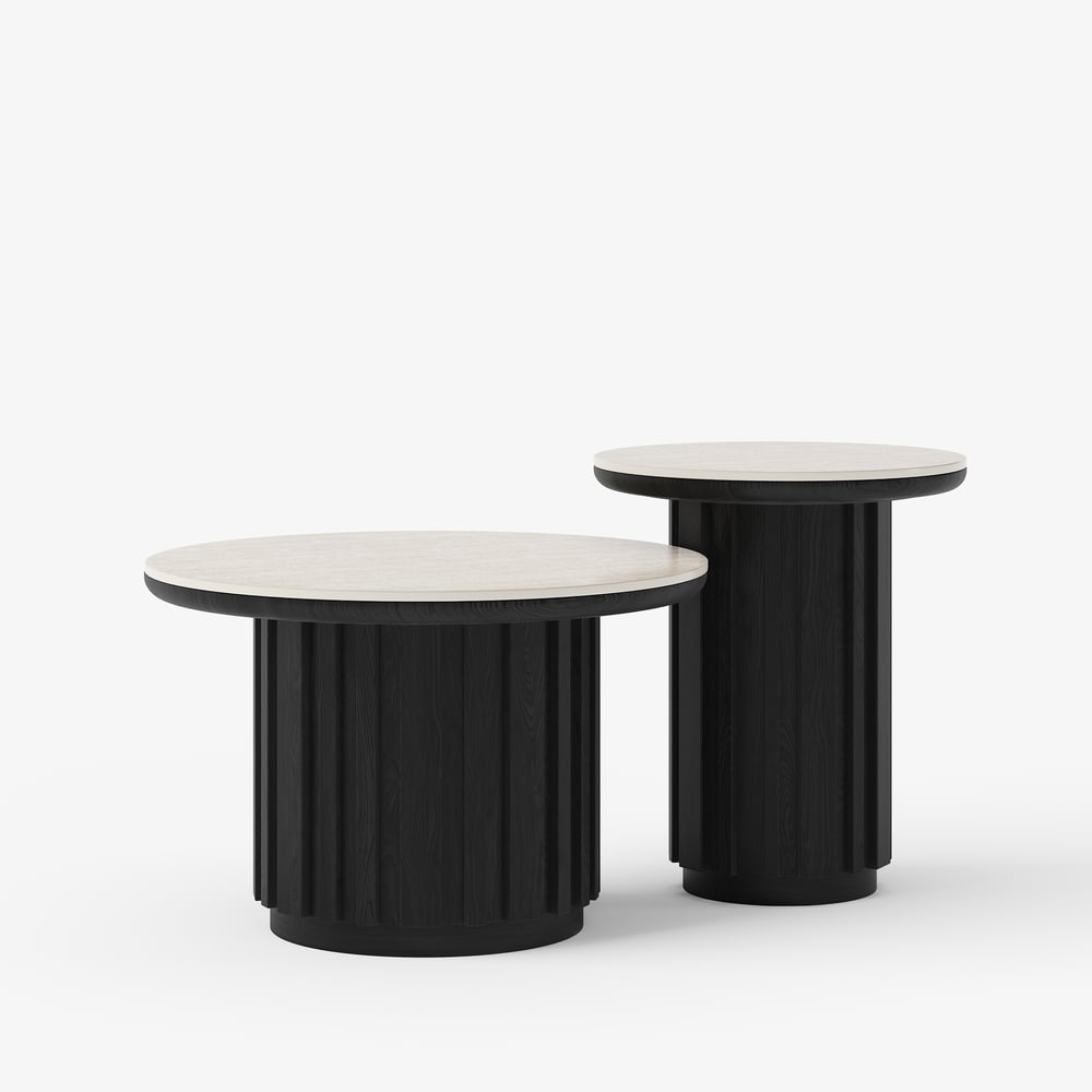 Aura 2 Piece Set Ash Wood Slatted  Round Coffee Table with Sintered Stone Top(20" - 28") window image