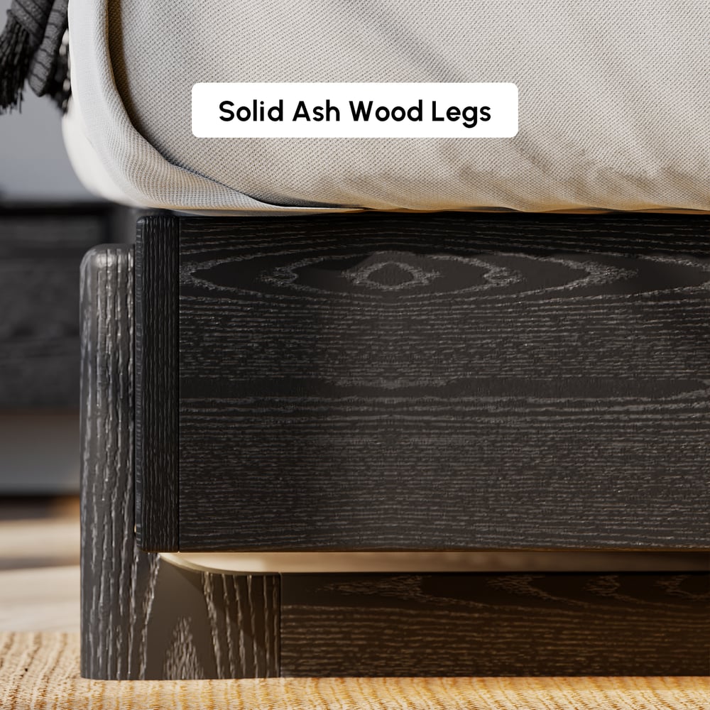 King Solid Wood Bed with Leather Extended Headboard & Floating Smart Nightstand Set window image