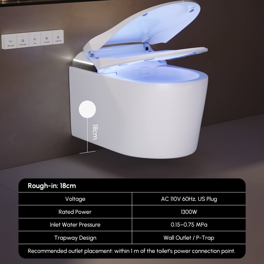 Fitro H3 Wall-Mounted Smart Bidet Toilet with Built-In Tank, Foam Shield, cUPC & ETL weights dimensions image