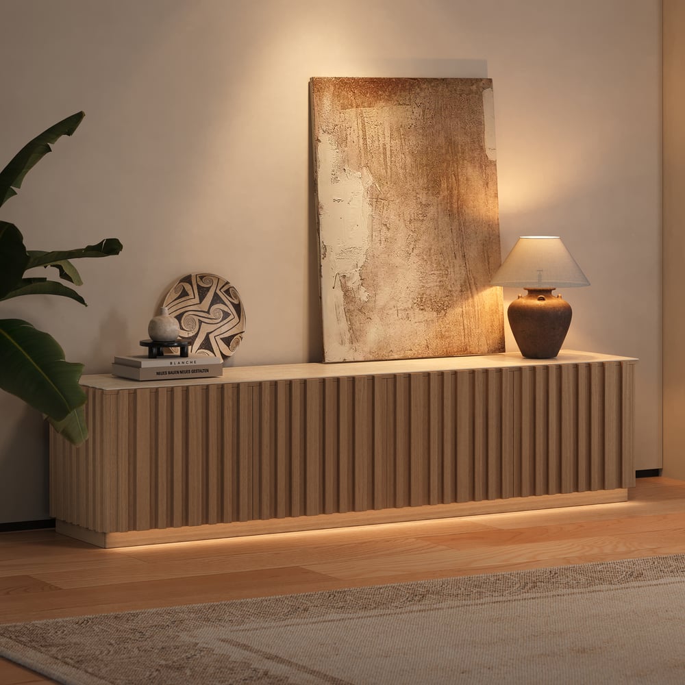 TV Lowboard Aura 213 cm in Grooved Ash in Natural with Sintered Stone Top window image
