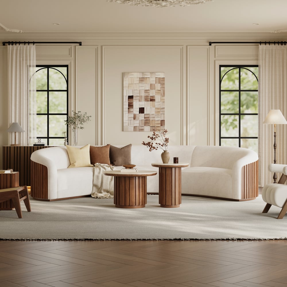 Aura 2 Piece Set Ash Wood Slatted  Round Coffee Table with Sintered Stone Top(20" - 28") window image