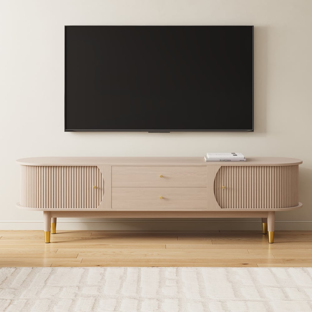 80" Ash Wood Fluted Whitewash TV Stand with Storage window image