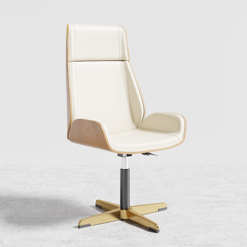 Walnut Curved Wooden Office Desk & Adjustable Swivel Executive Chair in Beige & Gold window image