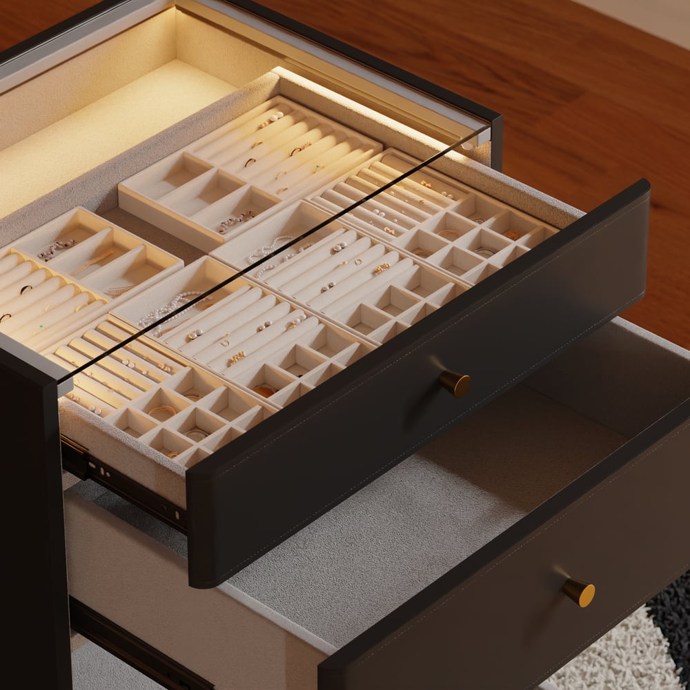 Selvo Walk-In Closet Island Jewelry Dresser with Glass Top & Light window image