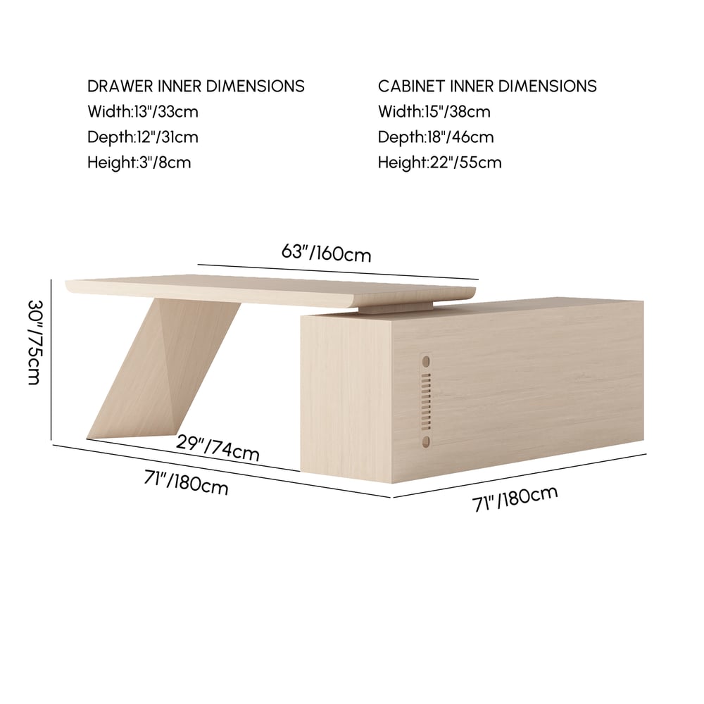 Escrivaninha executiva moderna em forma de L de 180 cm com acabamento em branco lavado e armazenamento, mão esquerda Imagem com pesos e dimensões