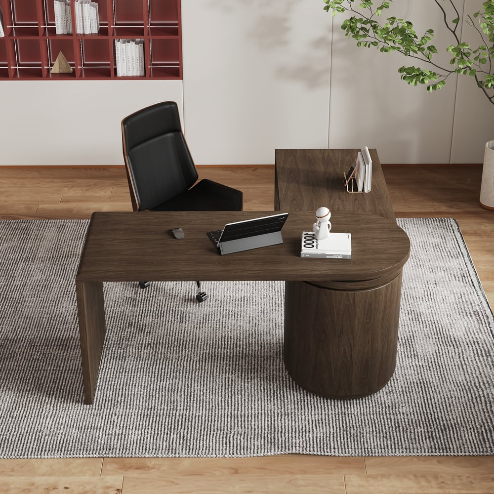 Modern 60" L-Shaped Walnut Office Desk with Drawers, Rotating Design window image