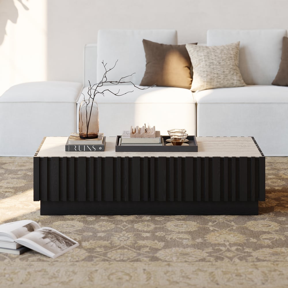 Table basse à lattes Aura 47" en bois de frêne avec plateau en pierre frittée image de fenêtre