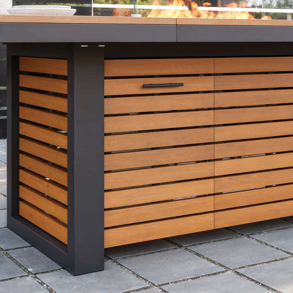 Axis 94.5" Outdoor Propane Fire Pit Dining Table with Hidden Tank & Wind Shield window image