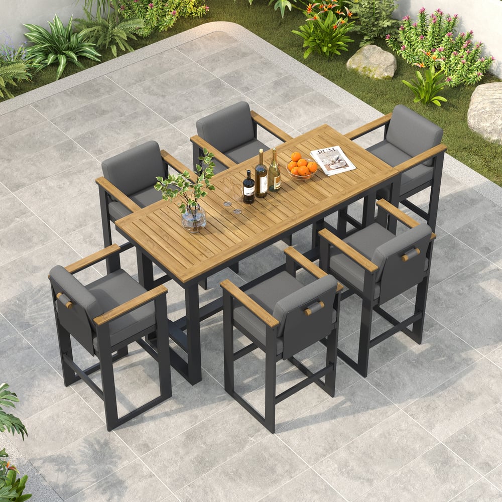 Axis 7-Piece Outdoor Teak Wood Modern Bar Dining Table Set with 6 Chairs window image