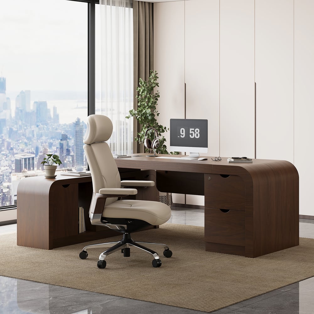 Ivory Genuine Leather Swivel Office Chair with Ergonomic Synchro-Tilt Recline System window image