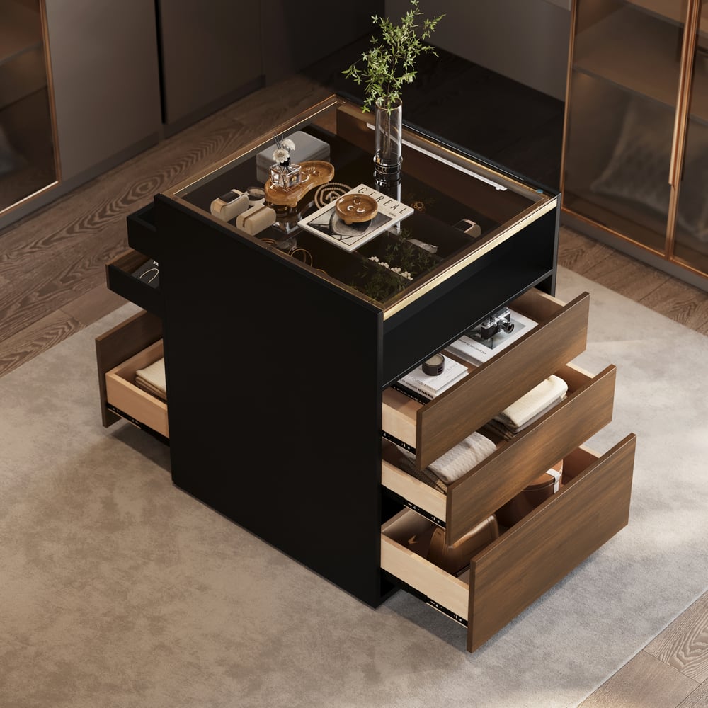 Saddle Leather 7-Dresser Walk-In Closet Island with Light & Jewelry Display window image