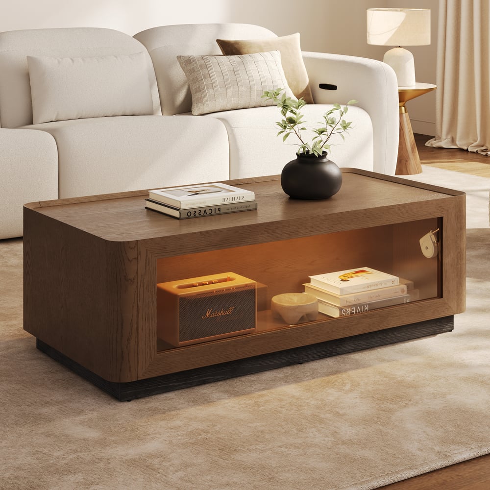 47" Glass Door Walnut Coffee Table with Storage and LED window image