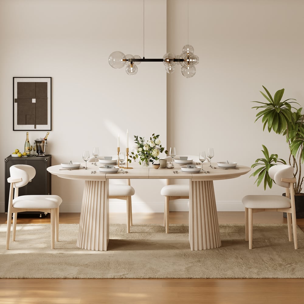 Modern 47"-79" Extendable Whitewash Wood Dining Table with Fluted Base, Seats 4-6 window image