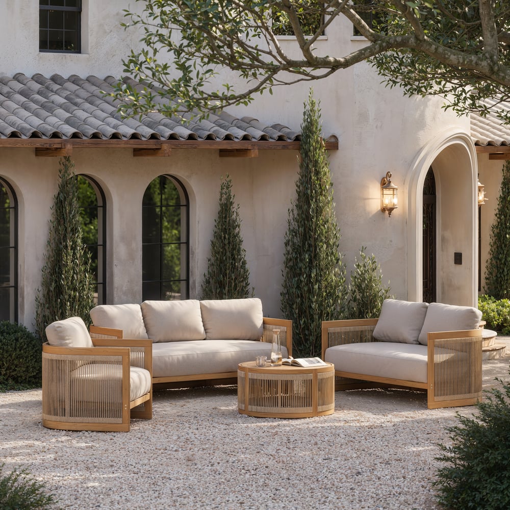 4-Piece Outdoor Teak & Rope Weave Sofa Set with Coffee Table for 6 window image