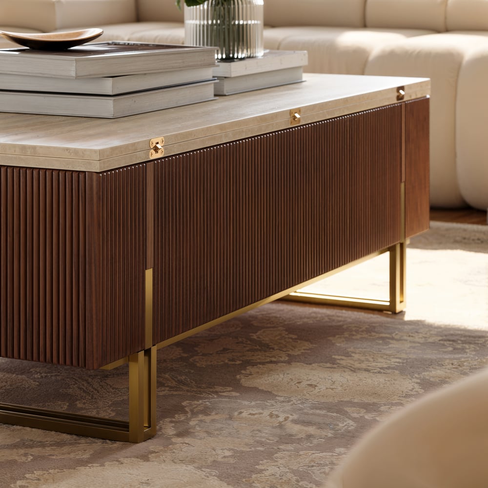 Table basse relevable Grovyn de 47,2" avec finition cannelée et 2 tiroirs image de fenêtre