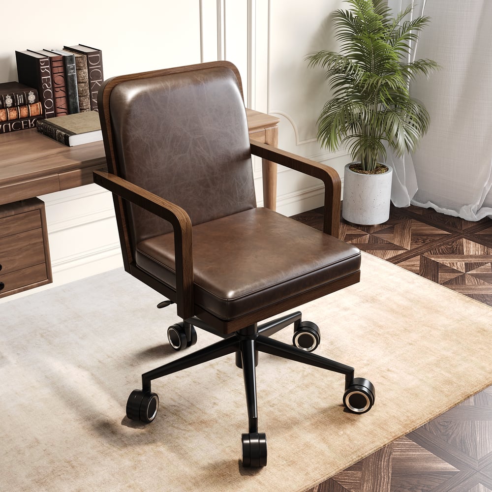 64" Mid-century Style Walnut  Home Office Desk & Faux Leather Adjustable Office Chair window image