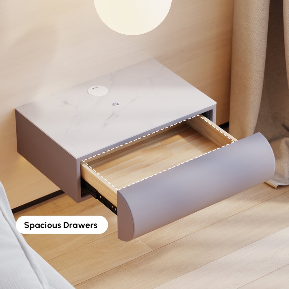 Comodino Smart Humply Sospeso in Pelle con 1 Cassetto, LED e Piano in Pietra Sinterizzata Immagine della finestra