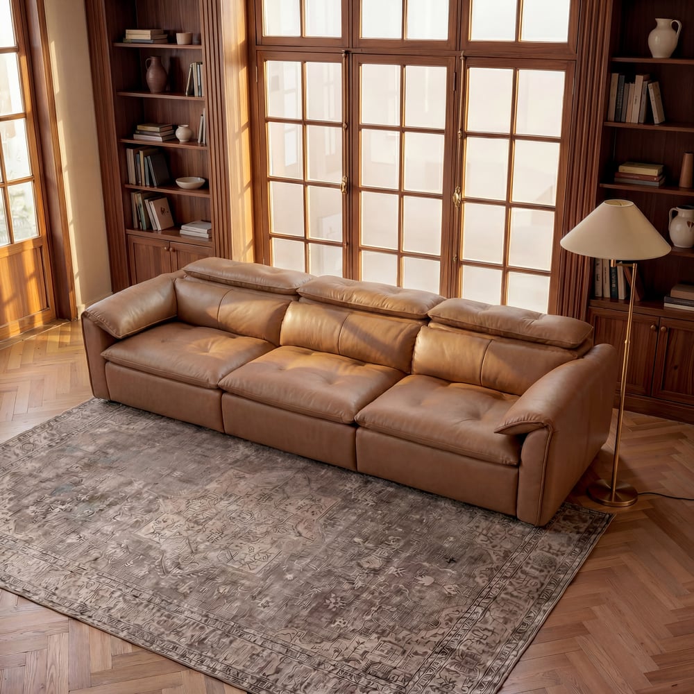 126" 3-Seater Genuine Leather Power Convertible Sleeper Sofa with Adjustable Headrests window image