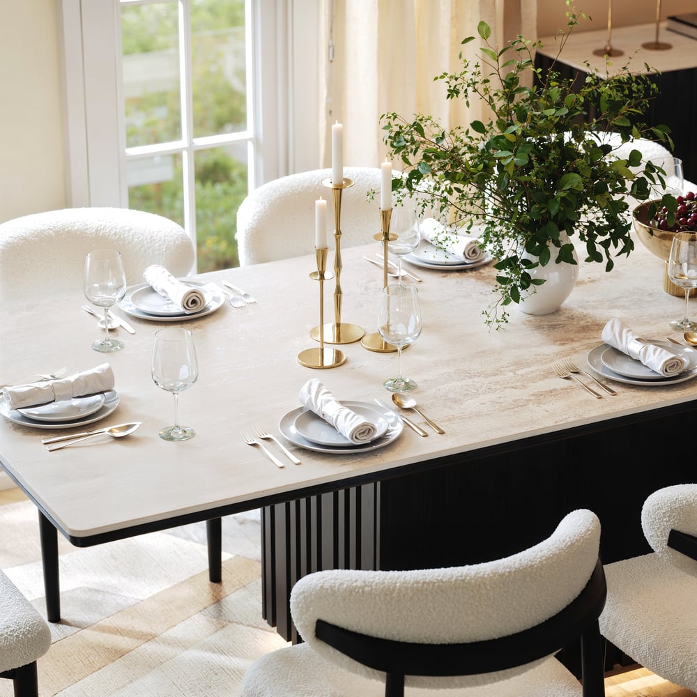 Aura 84" Rectangular Black Faux Travertine Sintered Stone Dining Table, Fluted Base, Seats 8 window image