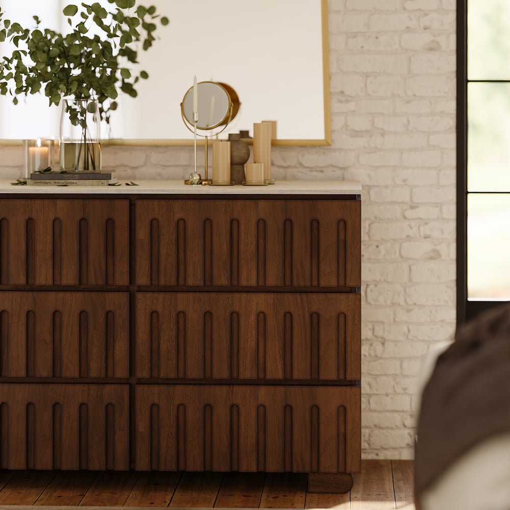 Commode moderne de 47 po en bois de frêne à 6 tiroirs avec dessus en pierre frittée imitation travertin image de fenêtre