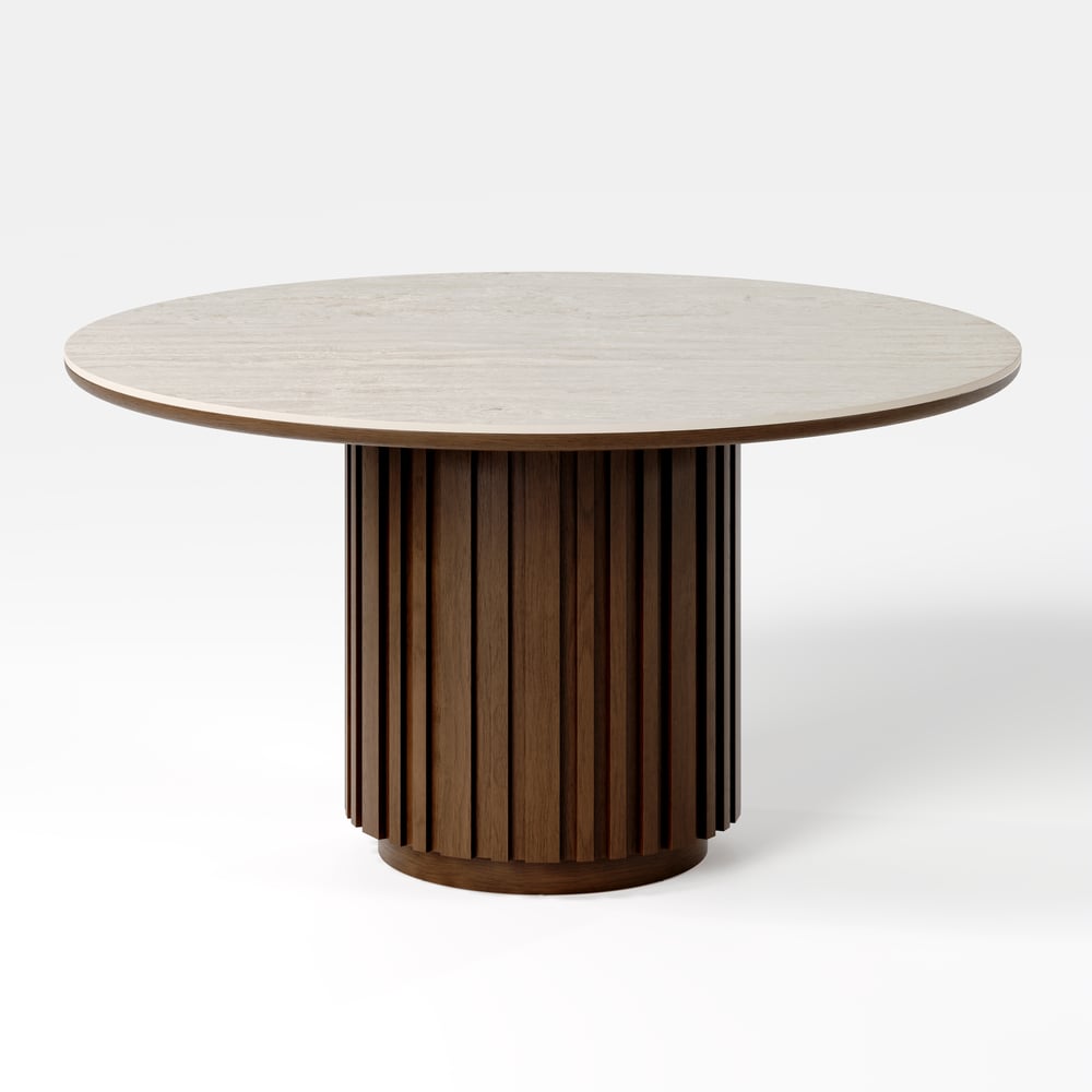 Aura 47" Faux Travertine Round Dining Table with Sintered Stone Top, Seats 4 window image