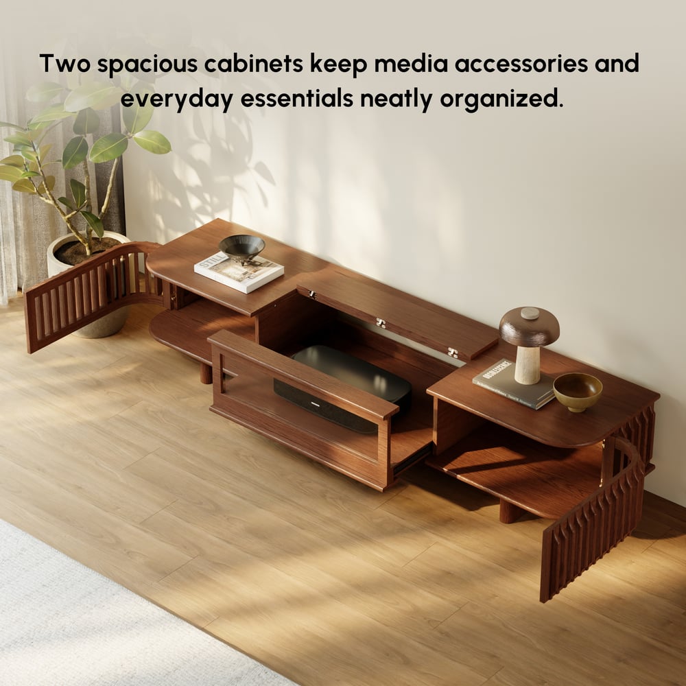 80" Ash Wood Fluted Walnut Projector TV Stand with LED window image