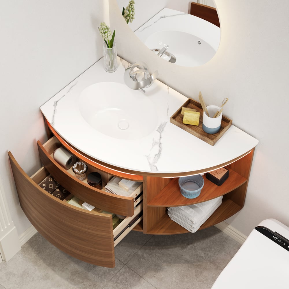 Meuble-lavabo de salle de bain d'angle de 91cm avec rangement et capteur de lumière à DEL image de fenêtre