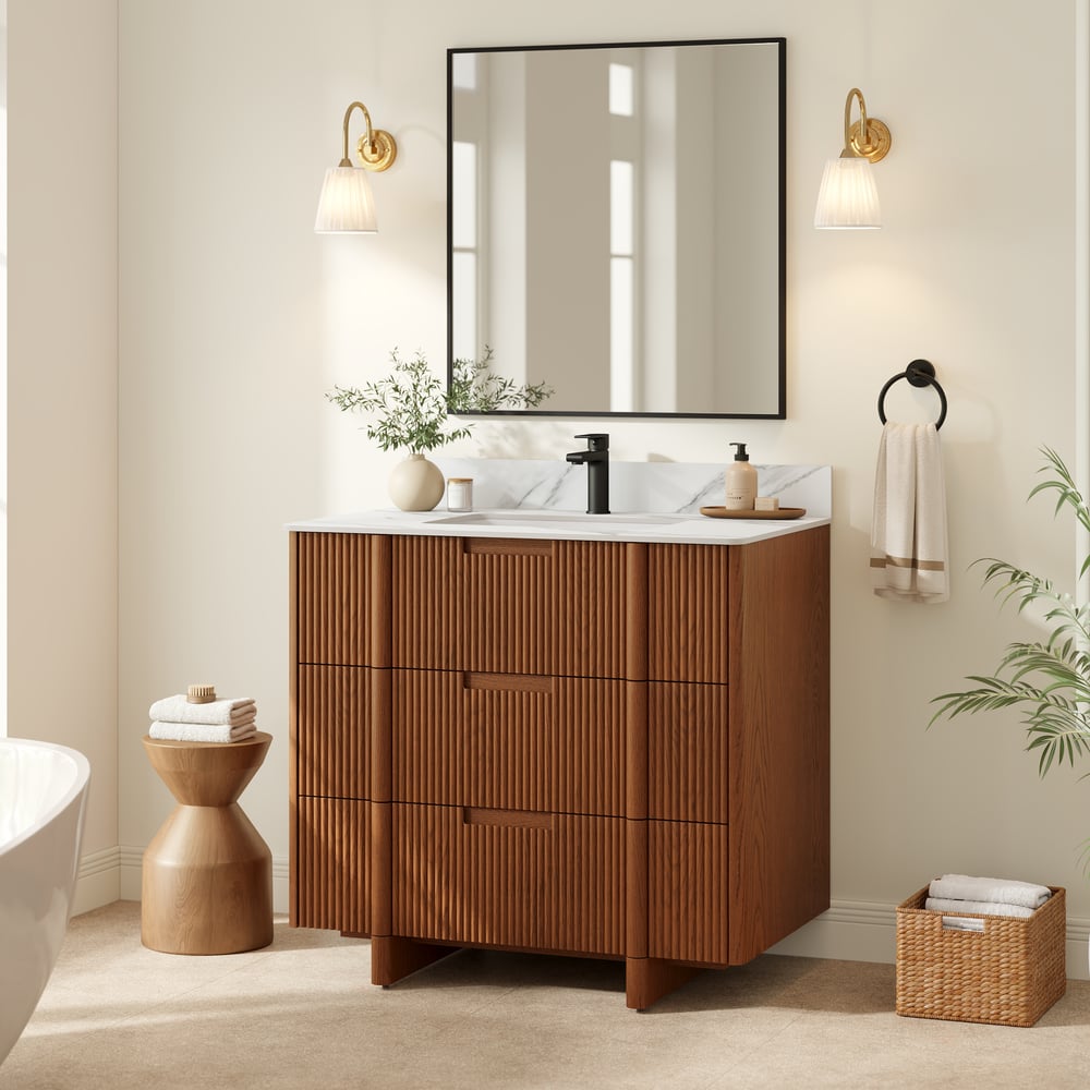 36" Fluted Single Bathroom Vanity with Sink and Sintered Stone Top window image