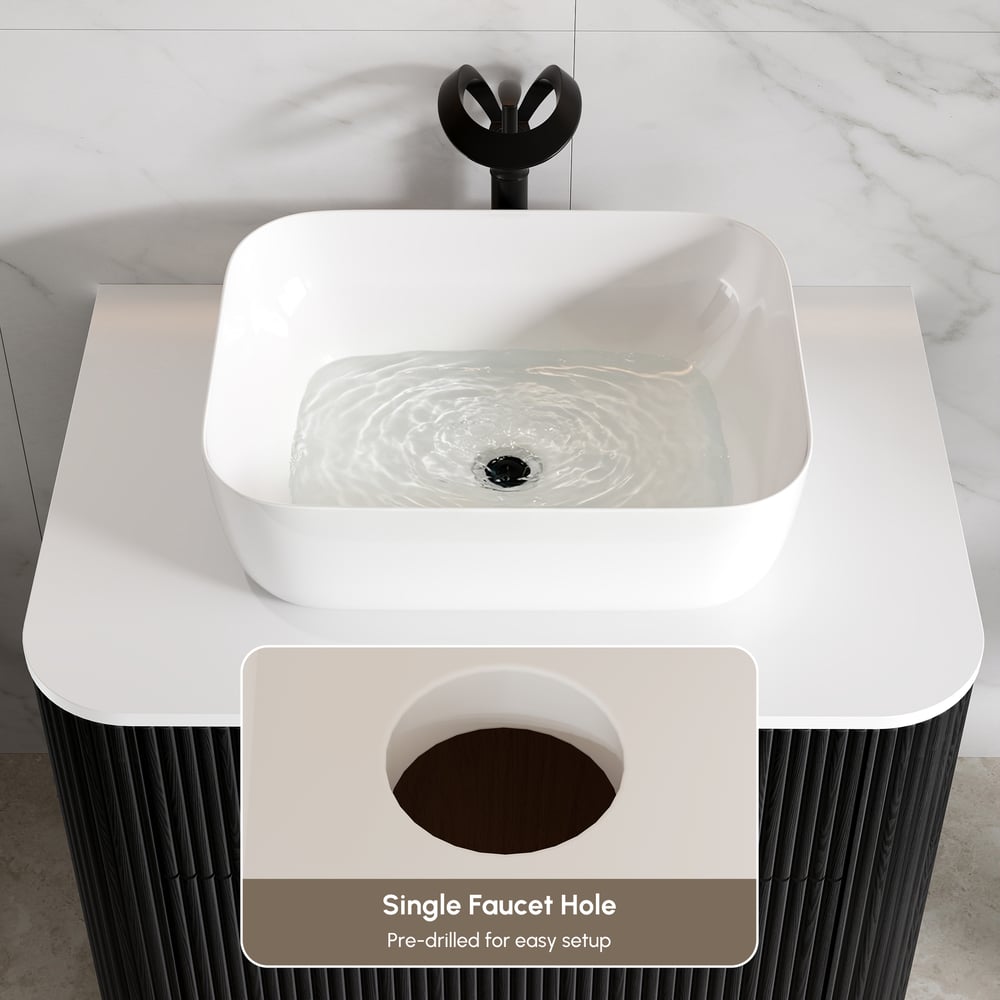 80cm Fluted Freestanding Bathroom Vanity with Vessel Sink, 3-Drawers, Sintered Stone top window image