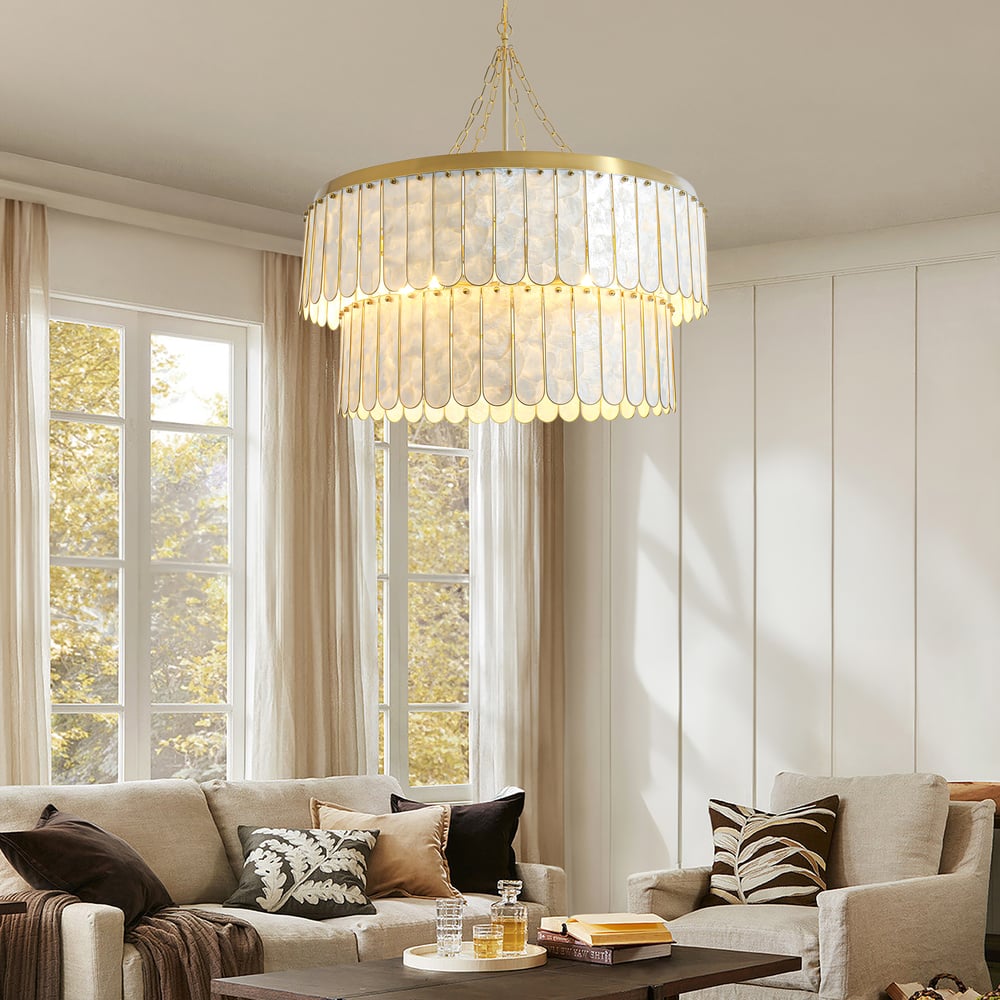 Enseo Coastal 8-Light Capiz Shell 2-Tiered Faceted Chandelier Pendant Light Gold White window image