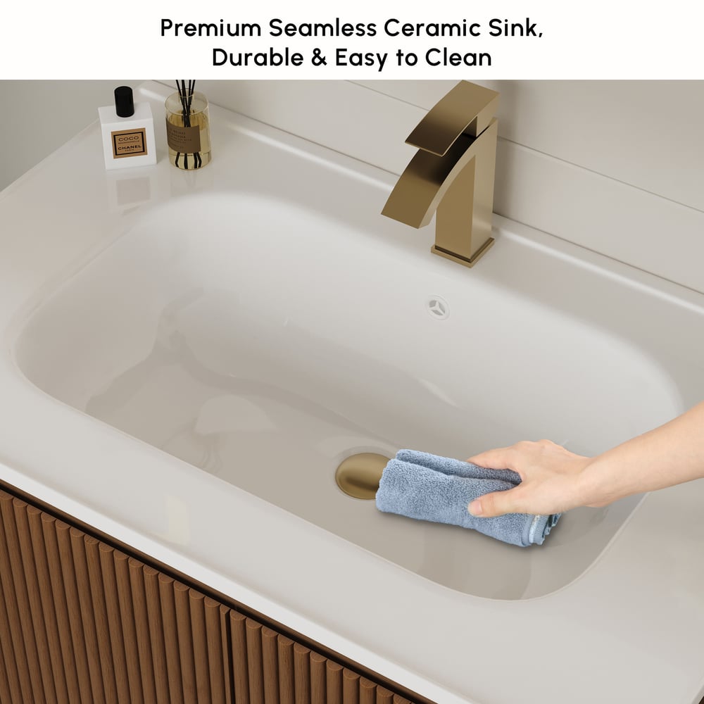 Meuble-lavabo de salle de bain flottant cannelé moderne de 81 cm avec lavabo, éclairage LED doux et grand espace de rangement image de fenêtre