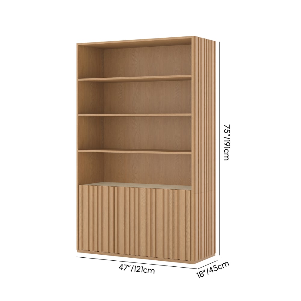 Aura 120cm Boekenkast van Essenhout met Gegroefde Details en Blad van Sintersteen Afbeelding met gewichten en afmetingen