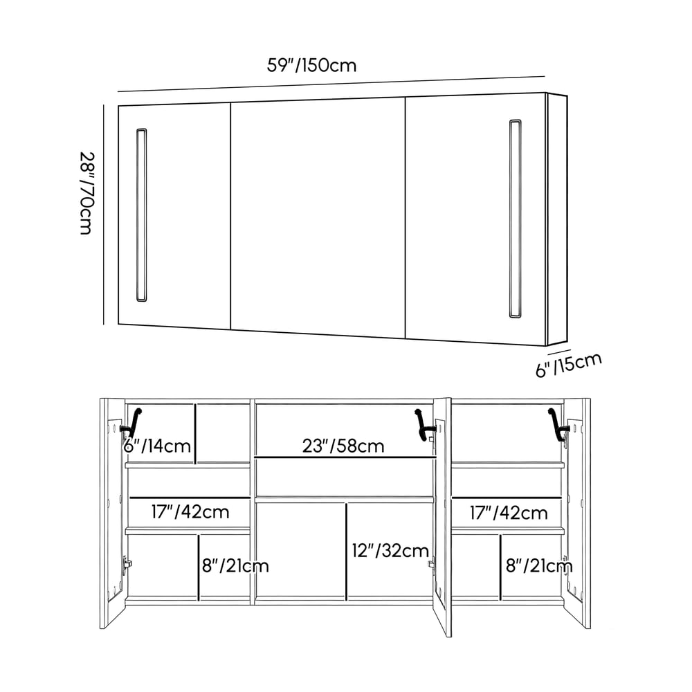 59" LED Bathroom Medicine Cabinet with Anti-Fog, Dimmable Tri-Color Lighting weights dimensions image