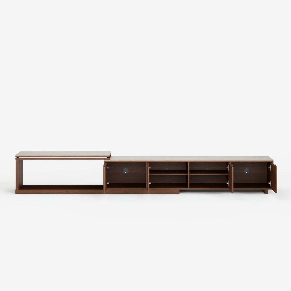 71"-108" Extendable Walnut TV Stand with Sintered Stone Top & Cabinets window image