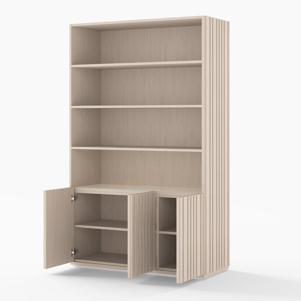 Aura 120cm Boekenkast van Essenhout met Gegroefde Details en Blad van Sintersteen Vensterafbeelding