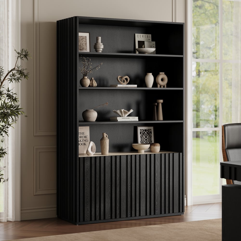 Aura 47" Ash Wood Fluted Bookcase With Sintered Stone Top window image