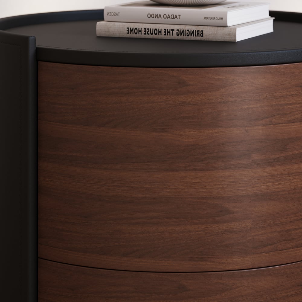 Modern Black Saddle Leather 2-Drawer Nightstand with Charging Station & Light window image