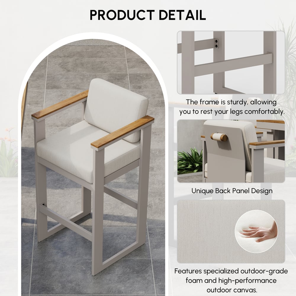 Tevara Teak Wood Modern Outdoor Bar Set Sand Frame & Warm White Cushion window image