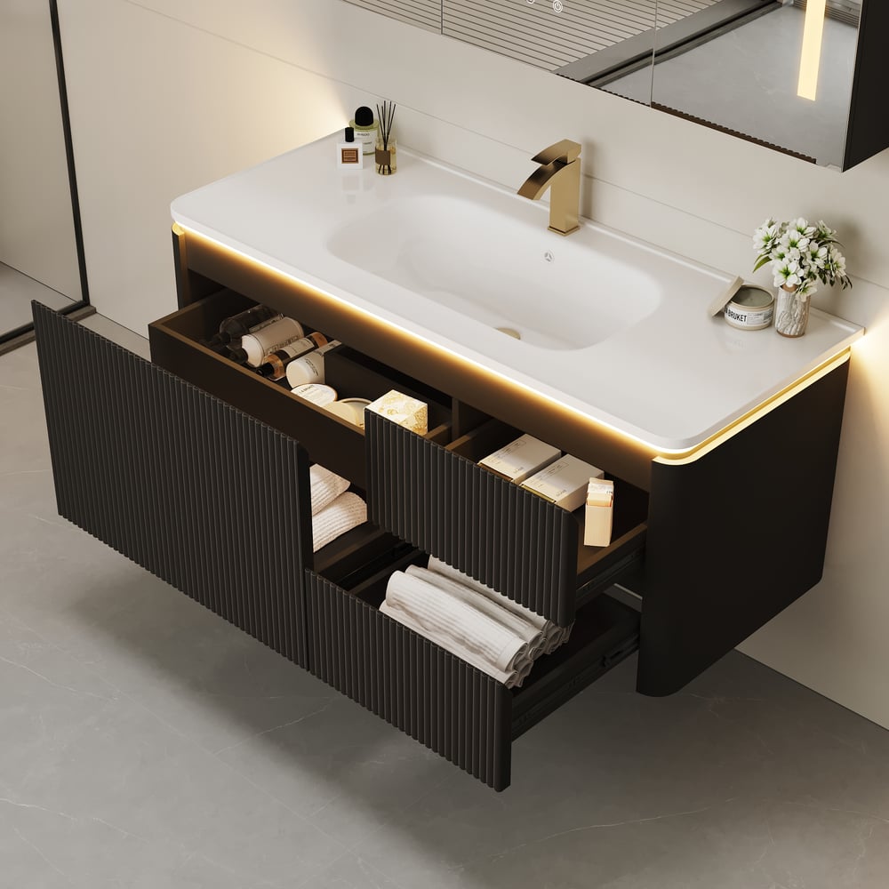 Mueble de baño flotante moderno de 120 cm con lavabo, LED suave, amplio almacenamiento Imagen de ventana