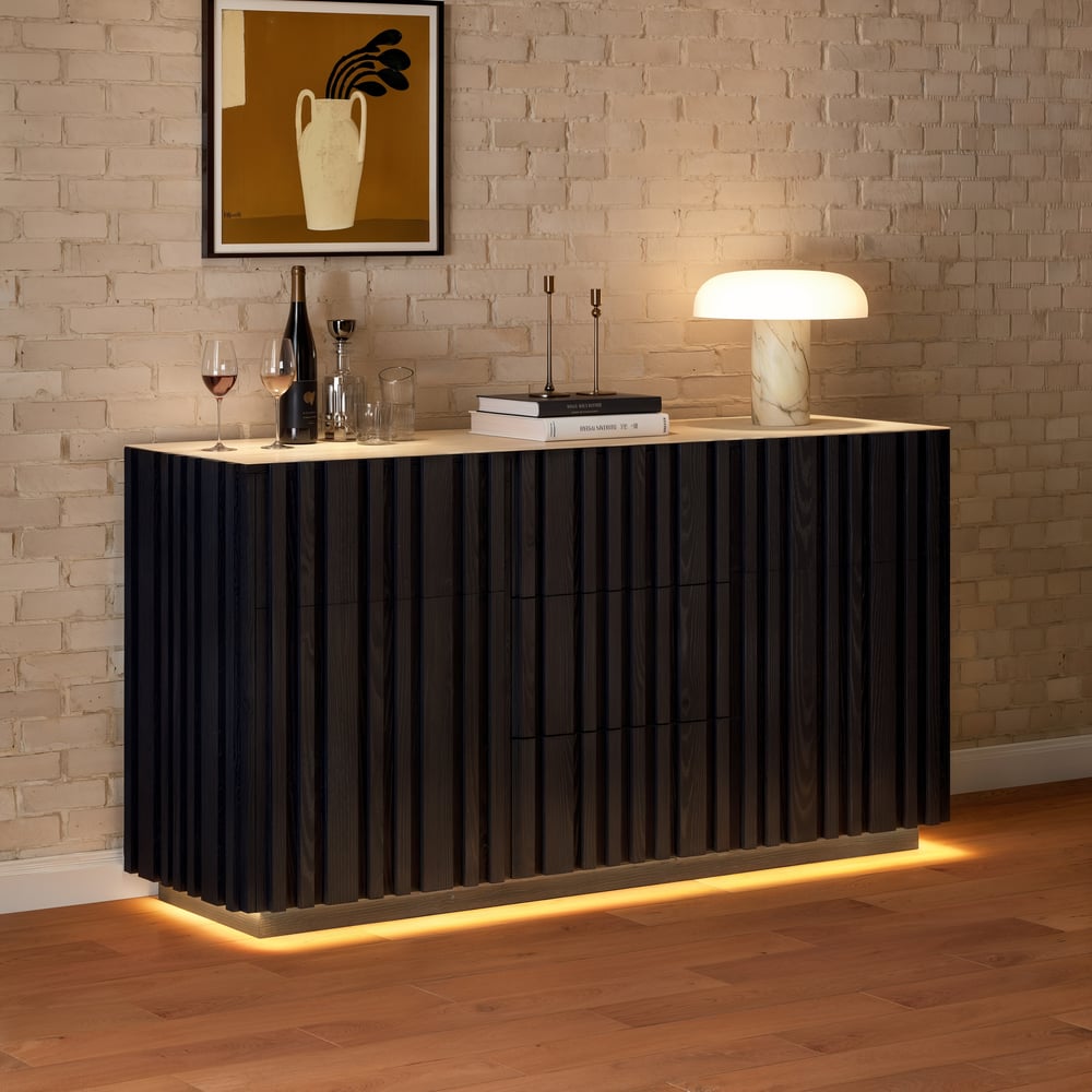 Aura 60" Black Faux Travertine Sideboard with Ash Wood Slatted Doors & LED Light window image