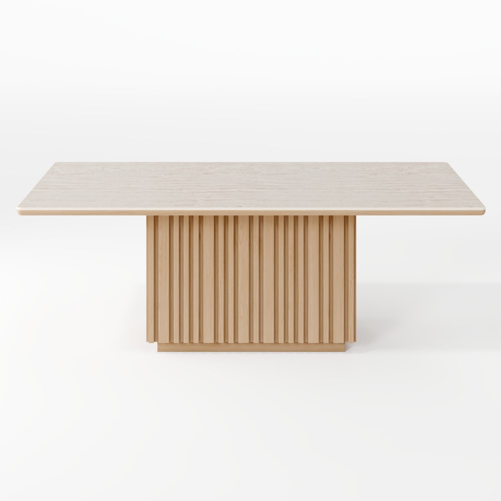 Table à manger rectangulaire Aura 214 cm en pierre frittée effet travertin, base cannelée, 8 places image de fenêtre