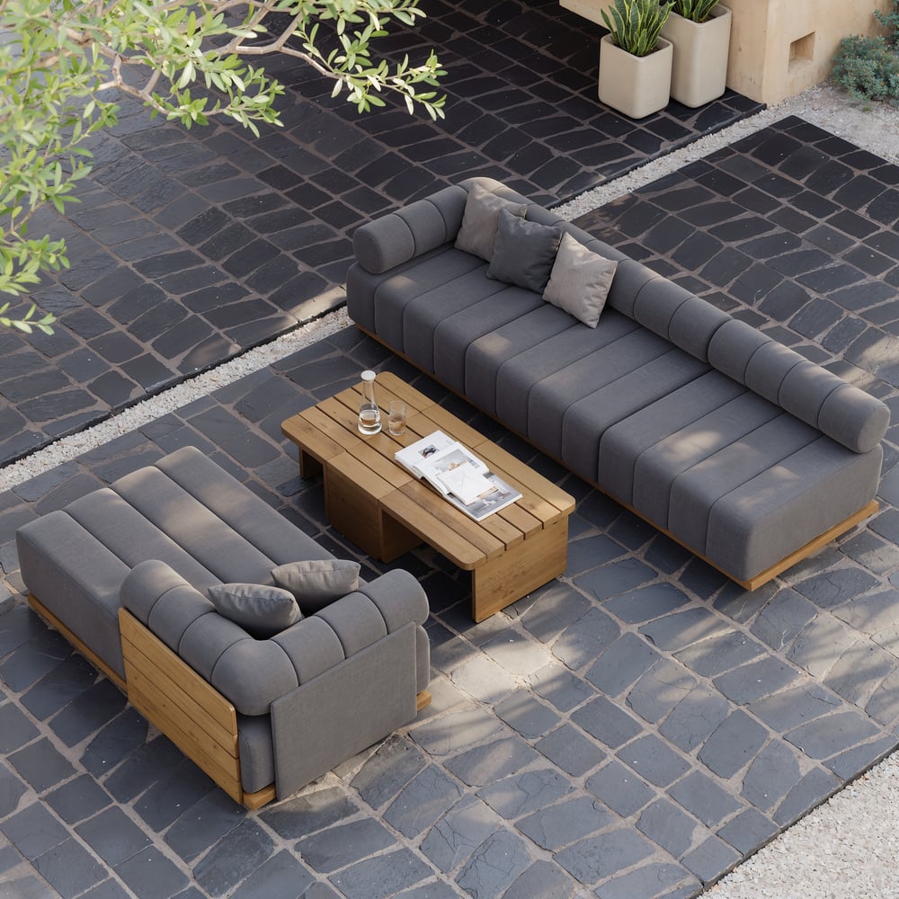 Ensemble de canapé modulaire d'extérieur 7 pièces Resaro en teck naturel avec dossier cannelé gris foncé image de fenêtre