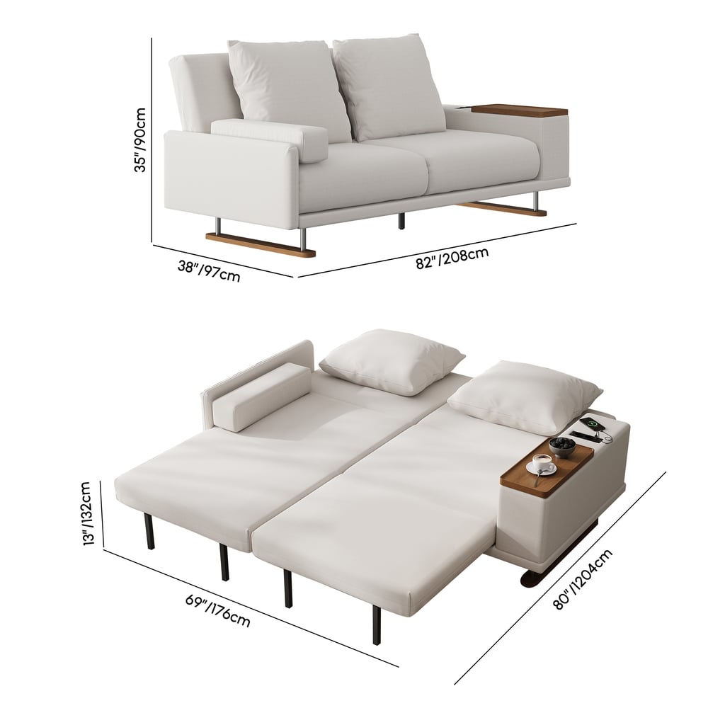 82" Queen 2-Seater Velvet Convertible Futon Sofa Bed with Side Table weights dimensions image